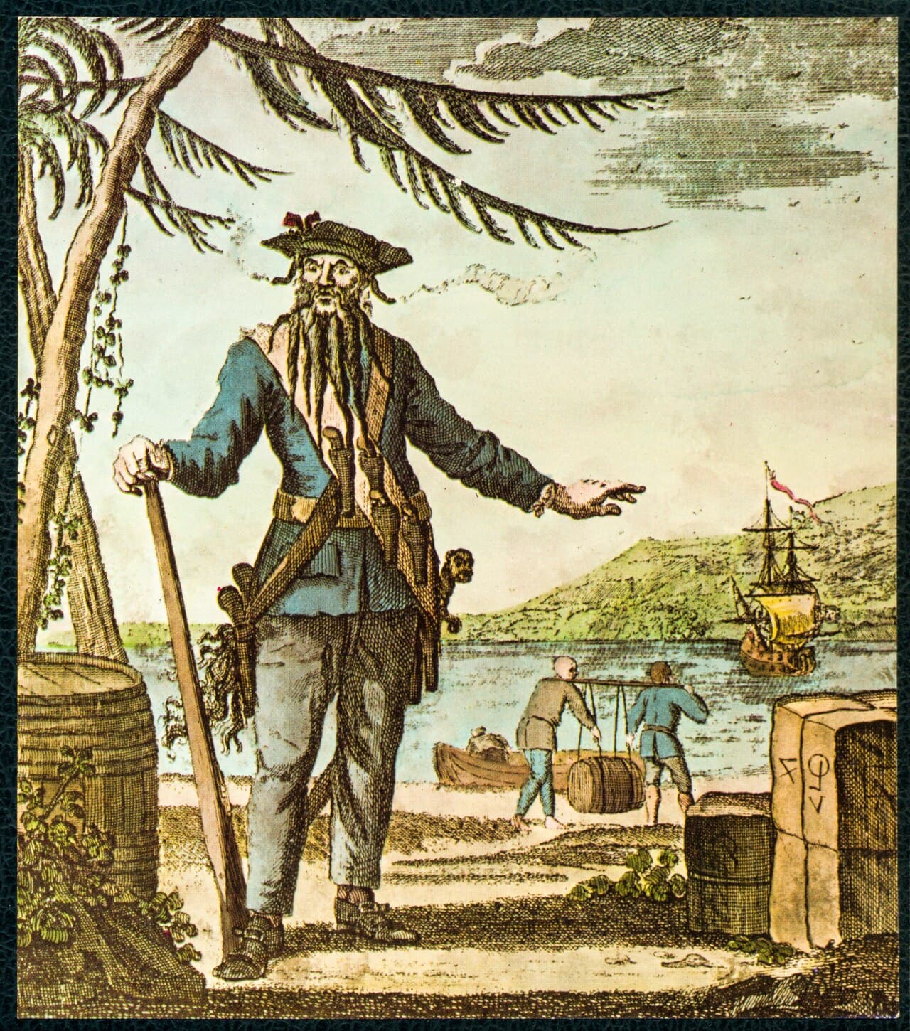 Hand-coloured engraving of Edward Teach, "Blackbeard", standing on a shore with a ship anchored behind him