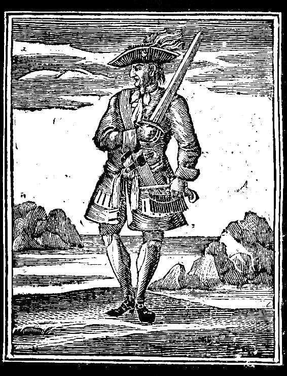 Woodcut of John "Calico Jack" Rackham standing on a shore with a musket
