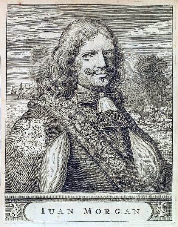 Engraving of Henry Morgan in armour with a burning port and ships behind him